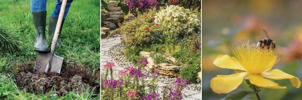 Rain boots and shovel digging into lawn, rock garden, bee on yellow flower
